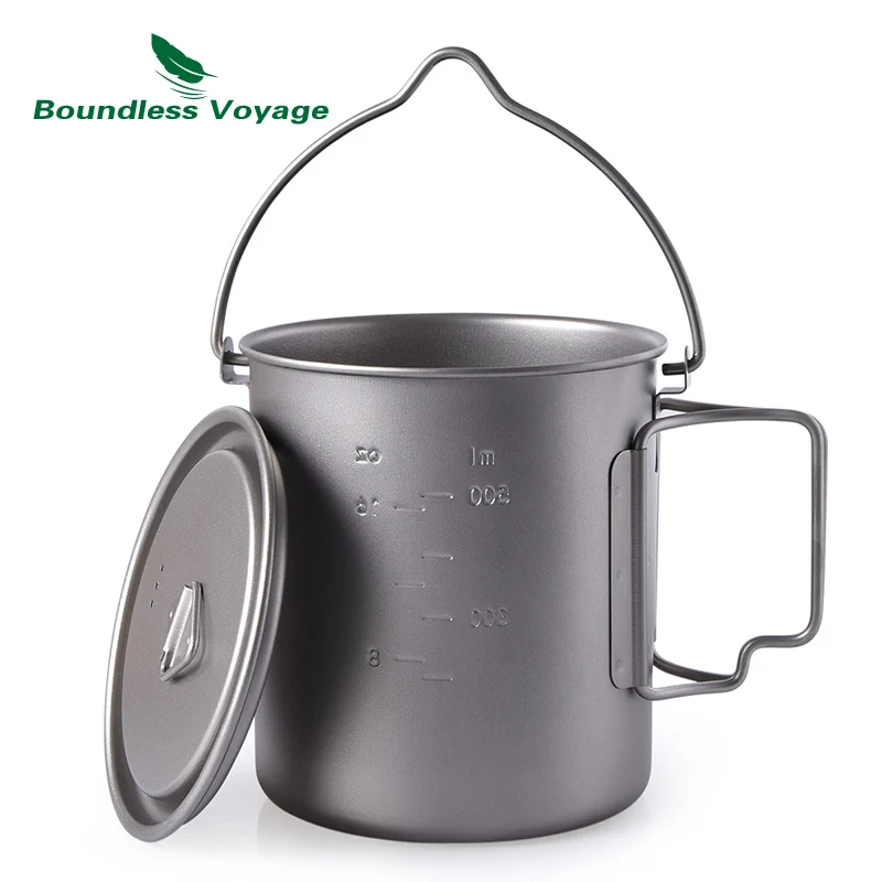 Goedkoop Boundess Voyage 750 ml Titanium Opknoping Pot met Deksel Vouwen Handvat Outdoor Camping Drinkbeker met Spork Picknick Kookgerei