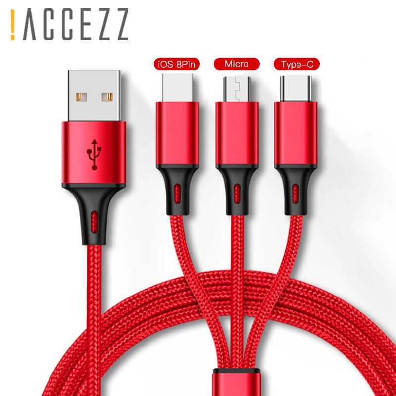 ACCEZZ 3 в 1 USB кабель для iPhone XR X XS MAX Android телефон для huawei Xiaomi samsung S9 Micro usb type C кабели для быстрой зарядки