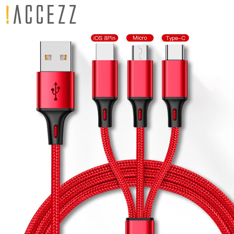 ! ACCEZZ 3 в 1 USB кабель для iPhone XR X XS MAX Android телефон huawei Xiaomi samsung S9 Micro usb type C кабели