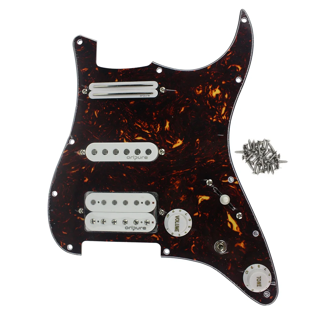 

OriPure Prewired Loaded Pickguard Alnico 5 Dual Rail & Single Coil & Humbucker Pickup,SSH 11 Holes Brown Tortoise Set