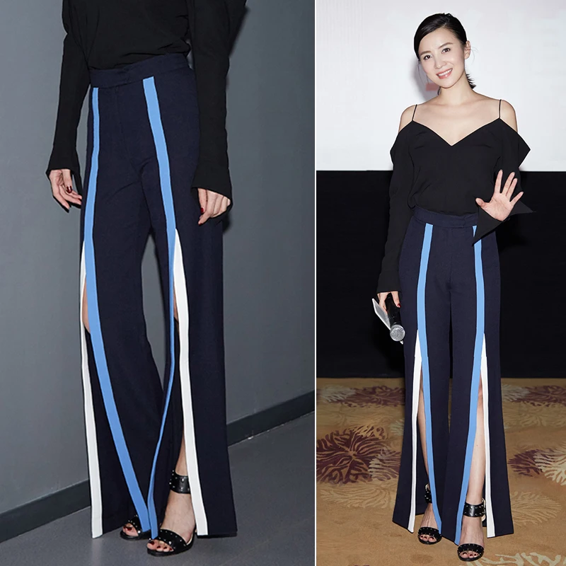 Micro cuerno Rayas Mujeres Tenedor Cintura Costura Nuevas Azul Alta De Pantalones Ancha Las Leggings Pierna Moda Lulu Cuero 2017 Mujer Distancia 8q6xvS7wO