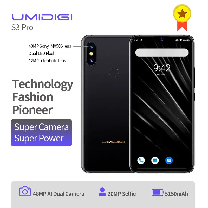 

Original UMIDIGI S3 Pro 4G Smartphone 6.3 inch Android 9.0 Octa Core 2.1GHz 6GB RAM 128GB ROM 20.0MP Front Camera Mobile Phone