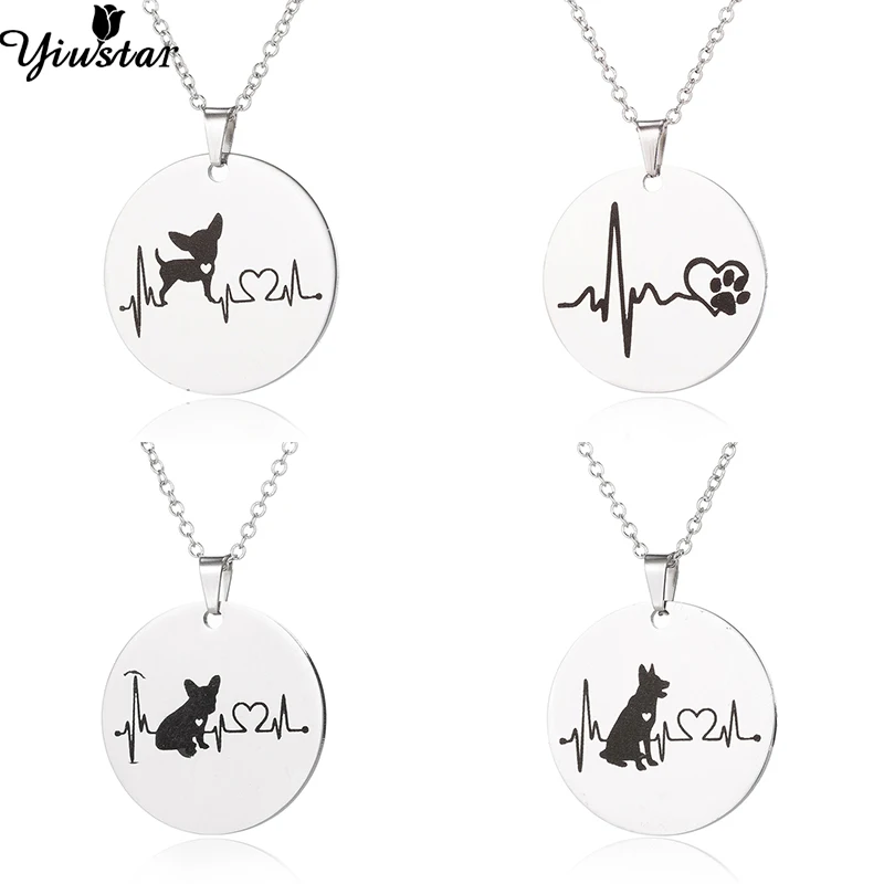 

Yiustar Fashion Stainless Steel Chihuahua Dog Necklace Pendants Animal Jewelry Print Cute Cartoon with Heartbeat Wave bijoux