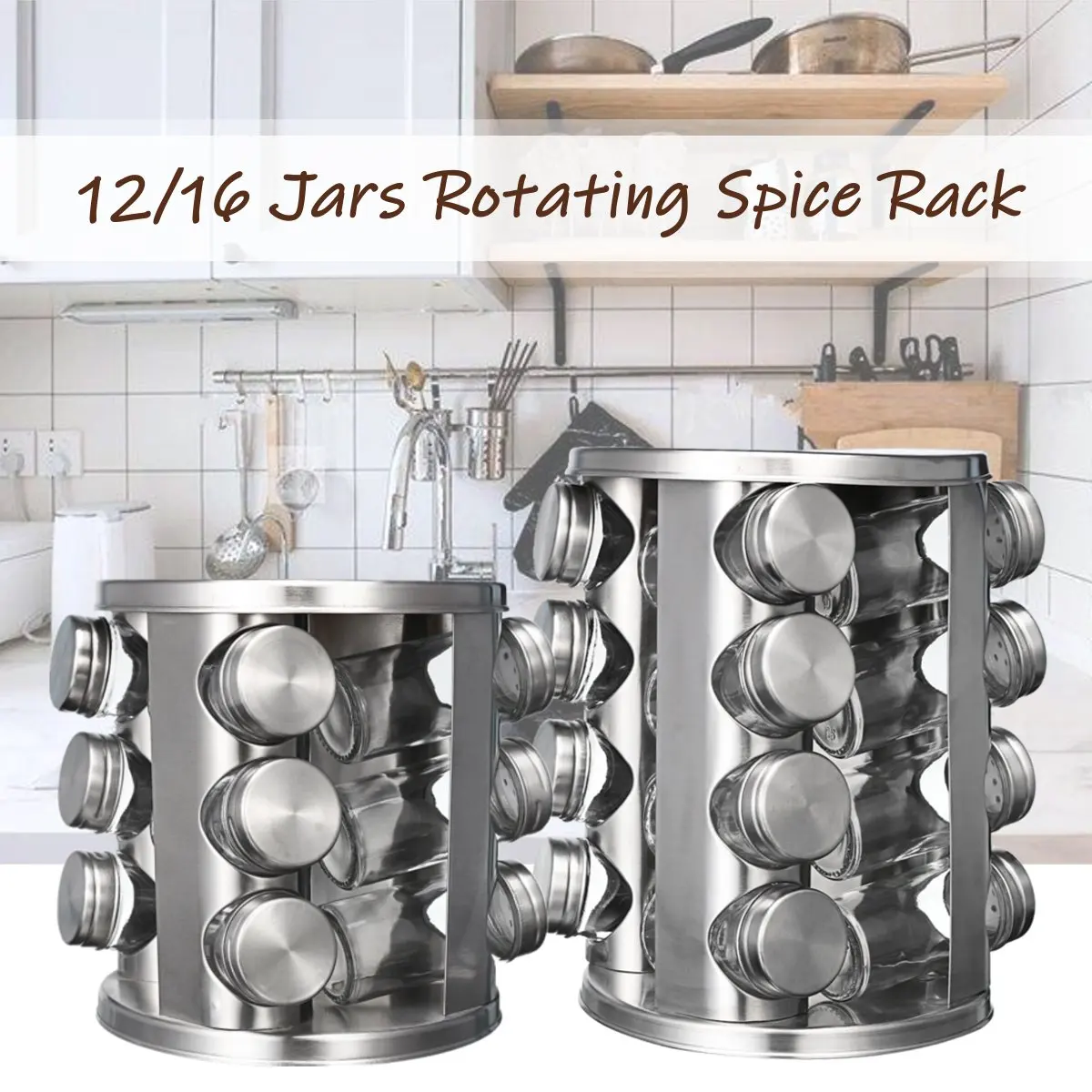 

Stainless Steel 12/16 Jars Rotating Spice Jar Rack Set Seasoning Stand Holder Condiment Salt Pepper Shaker Kitchen Tools