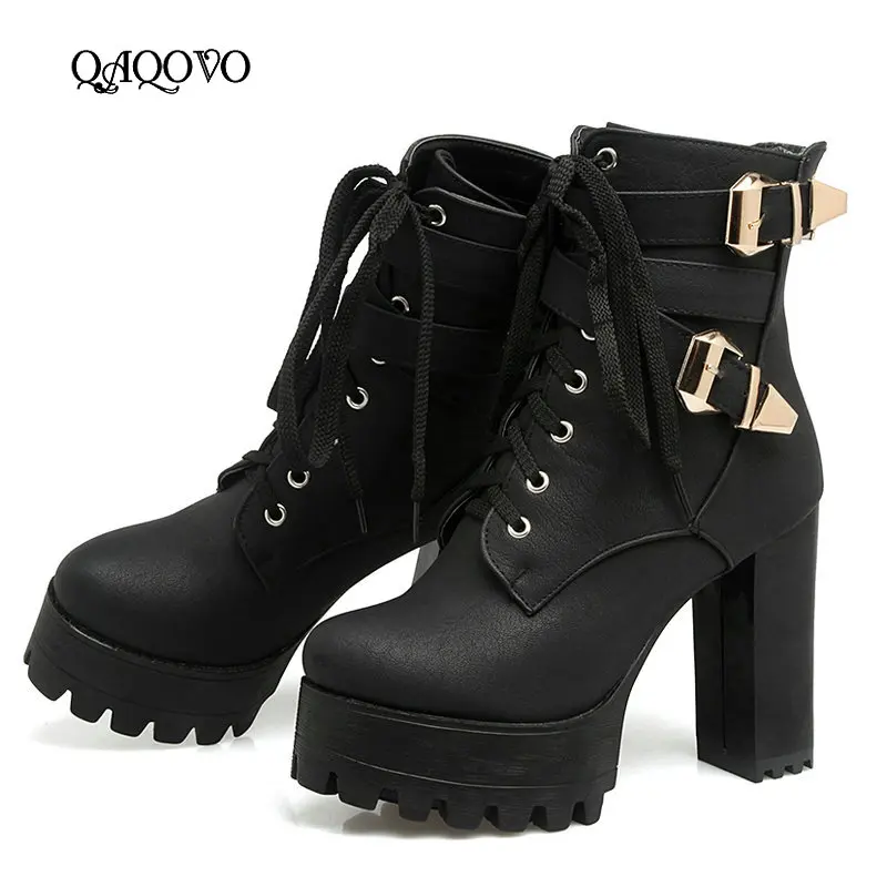 

Women Boots Square High Heel Ankle Boots Platform Martin Boots Lacing Buckle Zipper Boots Spring Autumn Fashion Winter Shoes