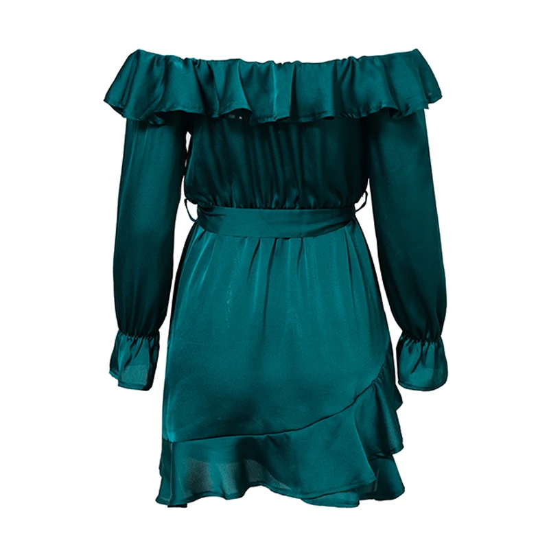 BONGOR LUSS Sexy Ruffles Lace Up Off Shoulder Women Dress Bow Long Sleeves Elegant Vintage Dress Short Party Dress With Sashes  (39)