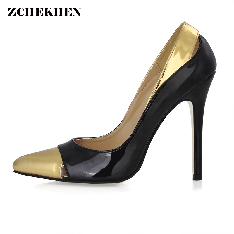 Black gold Women's High Heels Pump Shoes Pointed toe Slip On pumps Ladies office Party Shoes Stilettos Heels