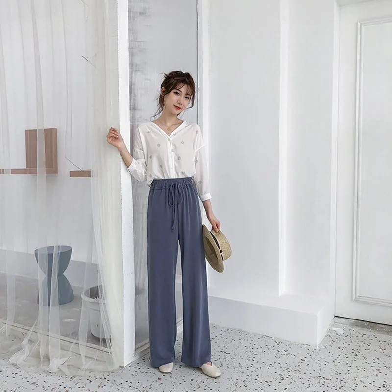 

Summer Plus Size Loose Wide Leg Pants Womens Trousers High Waist Straight Long Pants Women Solid Color Black Casual Pants A124