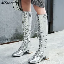 Mcacchi/серебристые женские ботинки из лакированной кожи женские ботинки до колена с квадратным носком на не сужающемся книзу массивном каблуке Женская обувь с застежкой-молнией