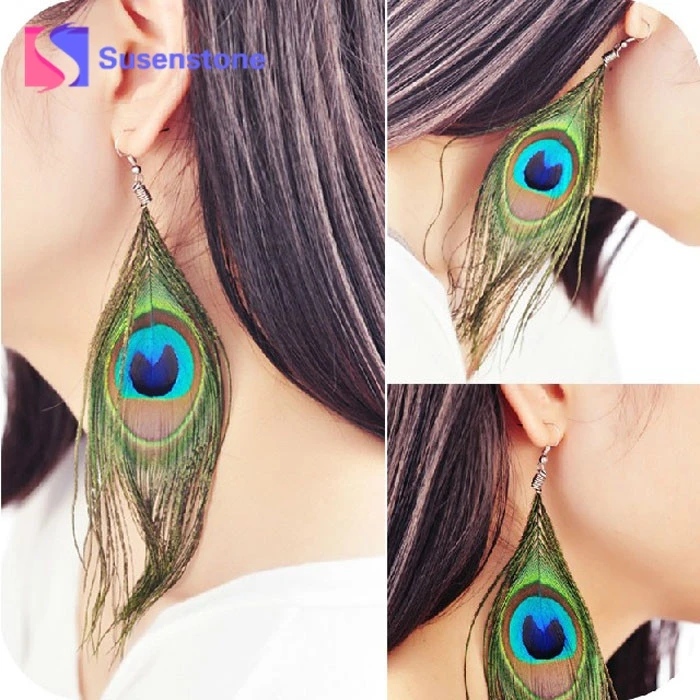 

susenstone jewelry earrings for women Boho Charming Earring Simple Peacock Feather Vintage Luxury Long Dangle Earrings#0412