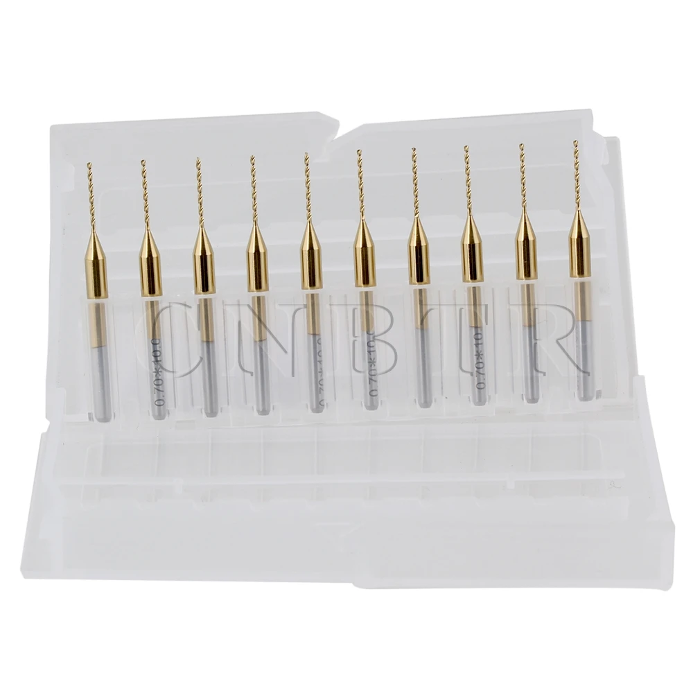 

CNBTR 10pcs Titanium Coated Carbide Micro Drill Bit PCB End Mill With 1/8" Shank 0.7mm