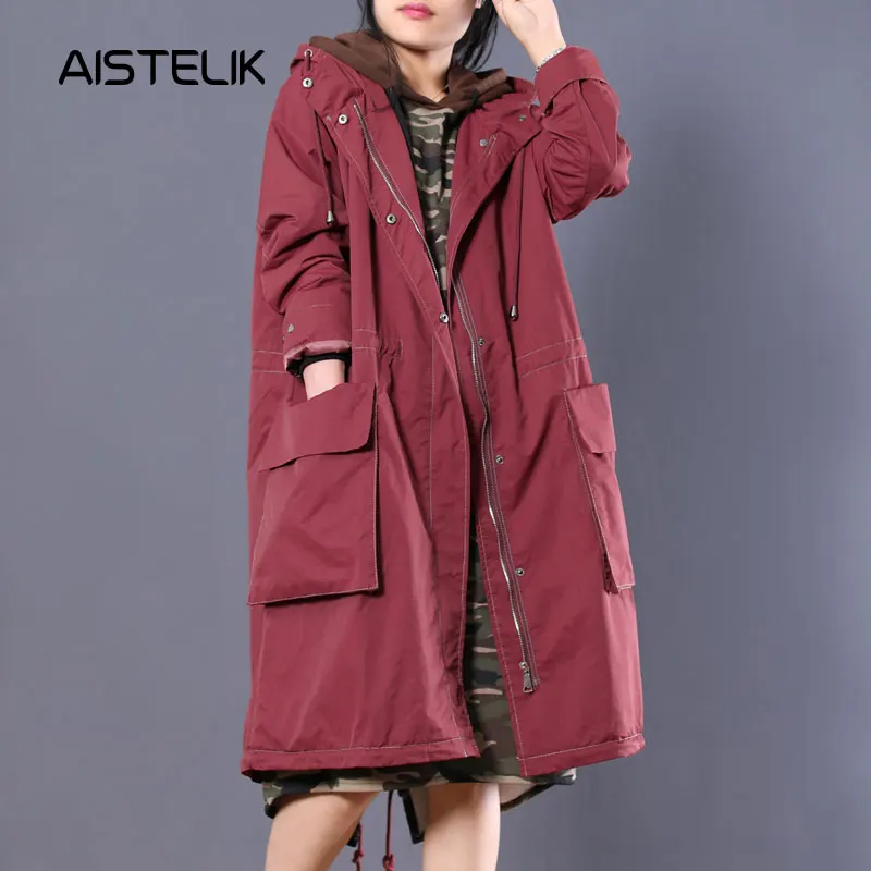 Autumn clothing female 2018 new Korean version of the loose large size cloth literary double pocket hooded windbreaker jacket. Coats