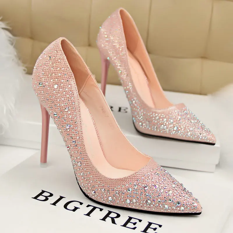 BIGTREE/женские туфли-лодочки с острым носком пикантные женские вечерние туфли на тонком каблуке с блестками и стразами; многоцветные туфли высокого качества; женская обувь; 305-1 - Цвет: pink