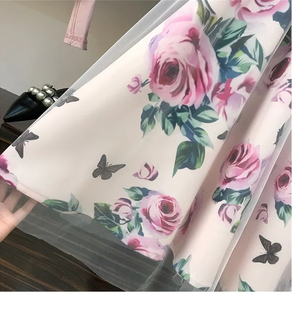 HIGH QUALITY Women Irregular T Shirt+Mesh Skirts Suits Bowknot Solid Tops Vintage Floral Skirt Sets Elegant Woman Two Piece Set 6