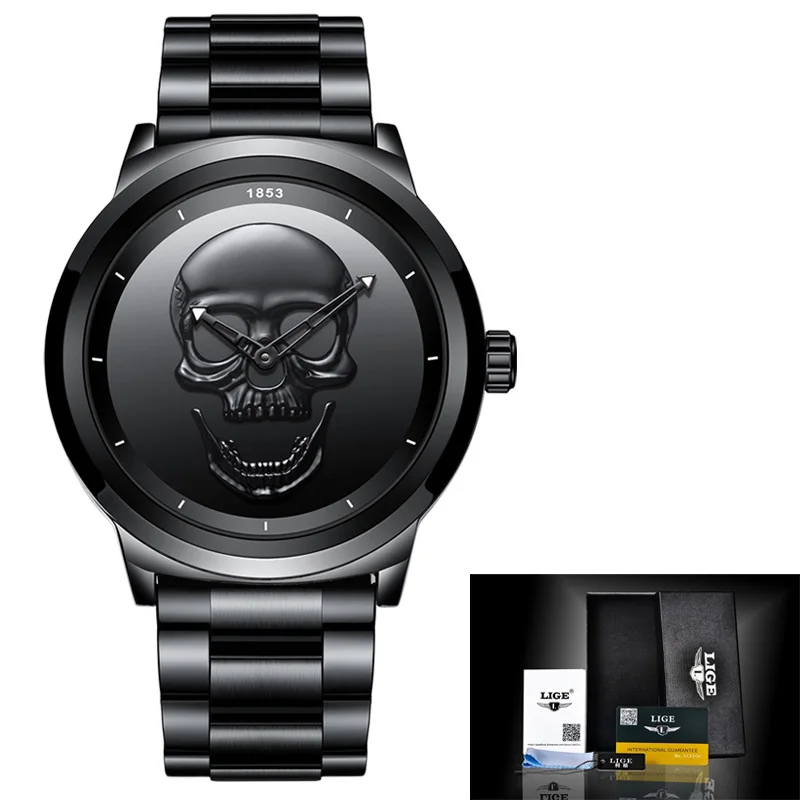 Мужские часы LIGE с 3D черепом, Лидирующий бренд, кварцевые часы из нержавеющей стали, мужские Модные Бизнес водонепроницаемые креативные часы, мужские часы - Цвет: steel full Black