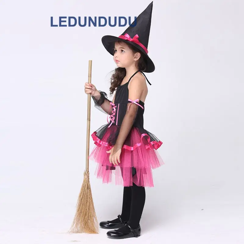 Children Halloween Fancy Party Suit Girls Magic Witch Dress Kids Rose Witch Cosplay Costume with Hat  (9)