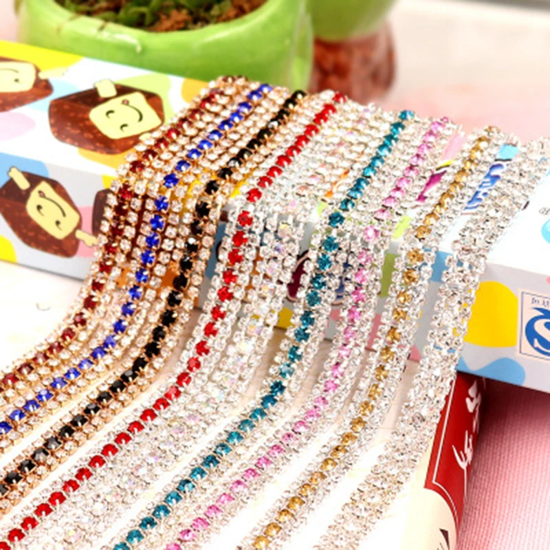 

3 Rows Design 9mm Wide Silver Base Cup Claw Colorful Crystal Rhinestone Chain for Dress Decoration Trim Applique Sew on Garment