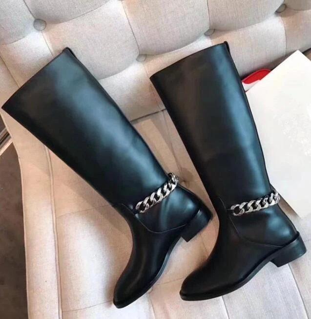 Nieuwe Mode Zwart Leer Vrouwen Ronde Toe Laarzen Zilver ketting Terug Dames  Lange Martin Laarzen Slip Op Ridder Laarzen Size42|Knee-High Boots| -  AliExpress