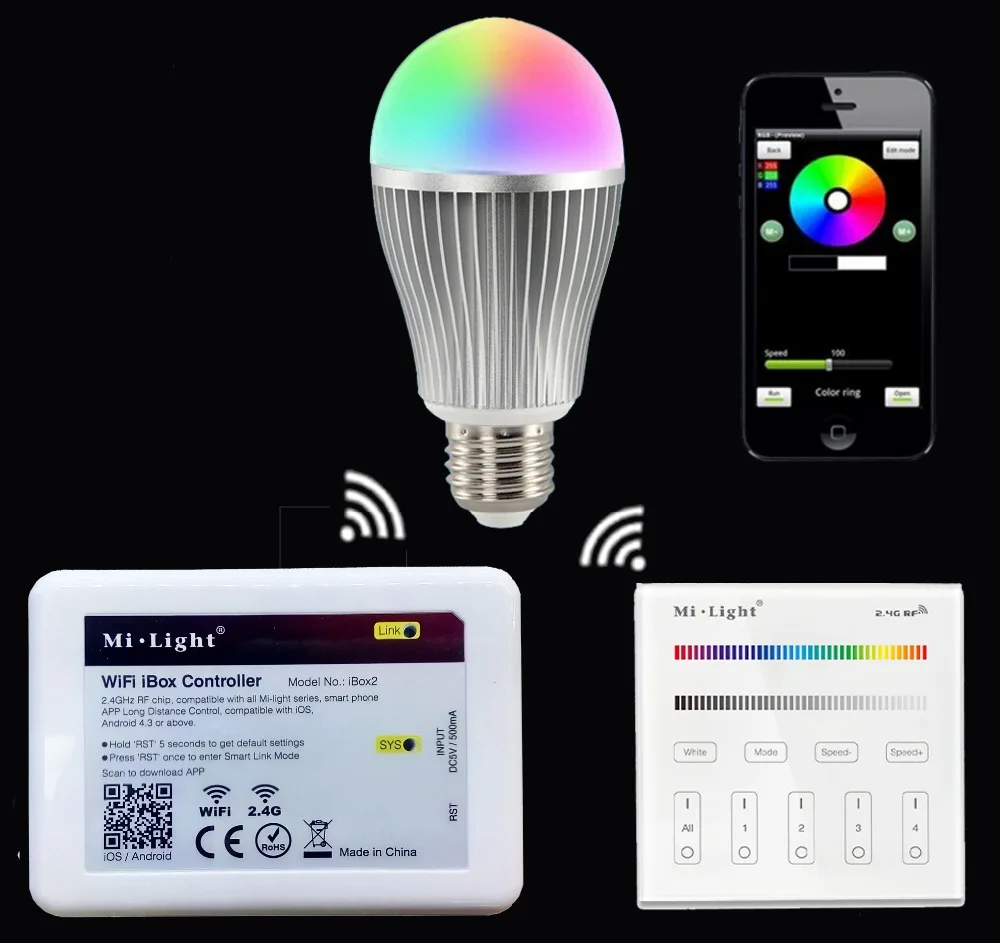 

2.4GHz B3/T3 4-Zone Touch Screen RF Panel Controller+Mi.light E27 9W RGBW RGBWW Led Bulb Lamp+2.4G Wifi Ibox2 Controller