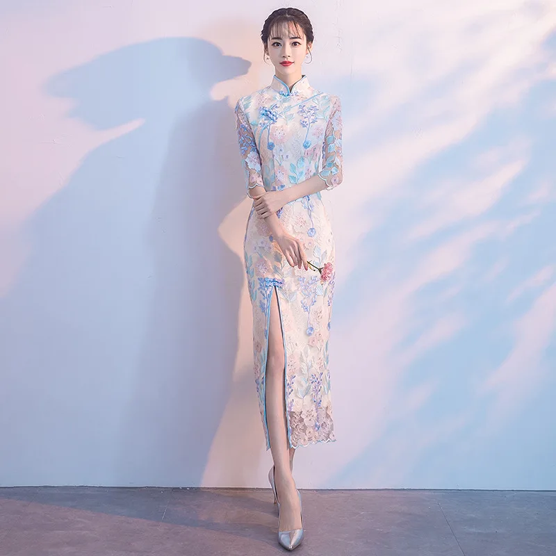 Новое черное китайское традиционное платье женское тонкое Cheongsam вышивка блестками современные восточные длинные Qipao вечерние платья