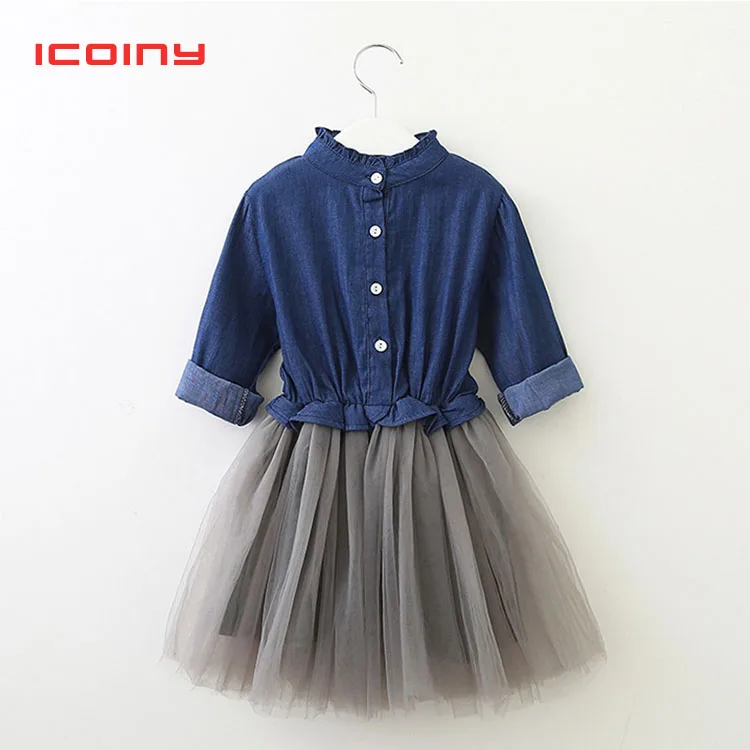 

Girls Denim Dress 2019 Spring and Autumn New Long-sleeved Mesh Stitching Dress Female Baby Denim Princess Pettiskirt 2 3 4 5 6 7
