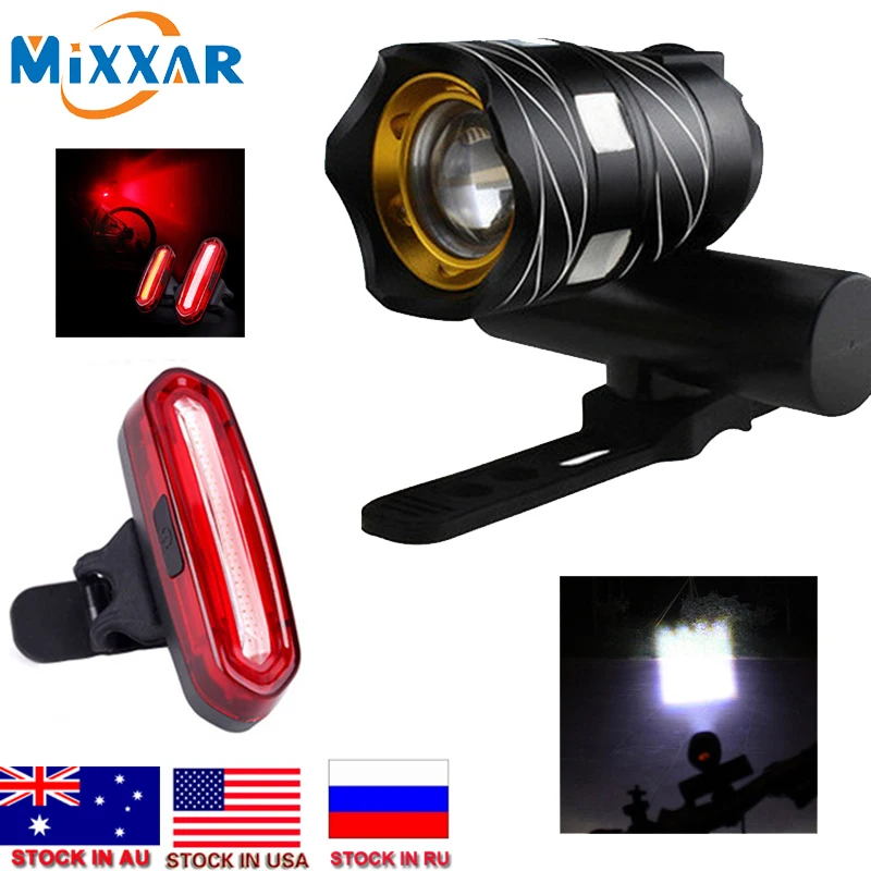 

Bike Bicycle Front & Tail Light 16000LM 3000mAh Zoomable Torch Headlight USB Rechargeable Built-in Battery Three Modes T6