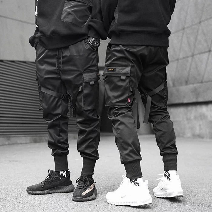 Men Fashion Casual Harem Joggers Harajuku Sweatpant Hip Hop Trousers Men Ribbons Color Block Black Pocket Cargo Pants