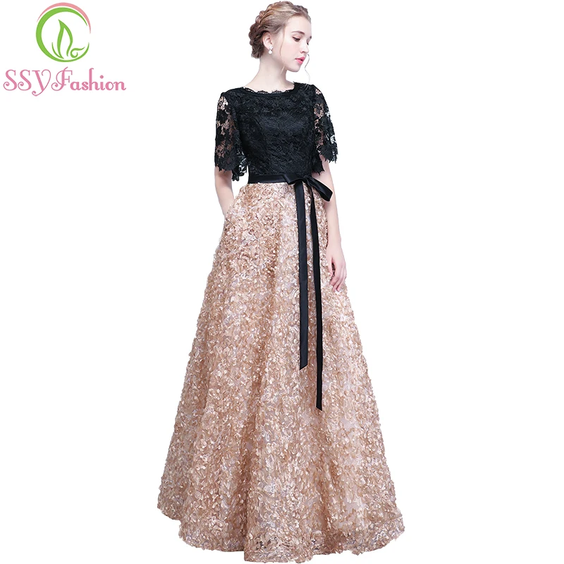 Vestido de Noite a Noiva Preto com Caqui Andar de Comprimento Vestidos de Festa de Formatura Ssyfashion Novo Elegante Banquete Contraste Cor Renda Longo