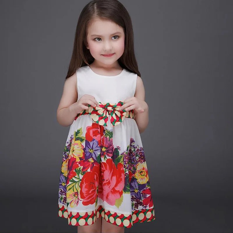 

Summer 2016 New Casual Cotton Girl Dress Sleeveless Baby Girls Clothes Flowers Bow Print Dresses Vestido Infantil Kids Clothes