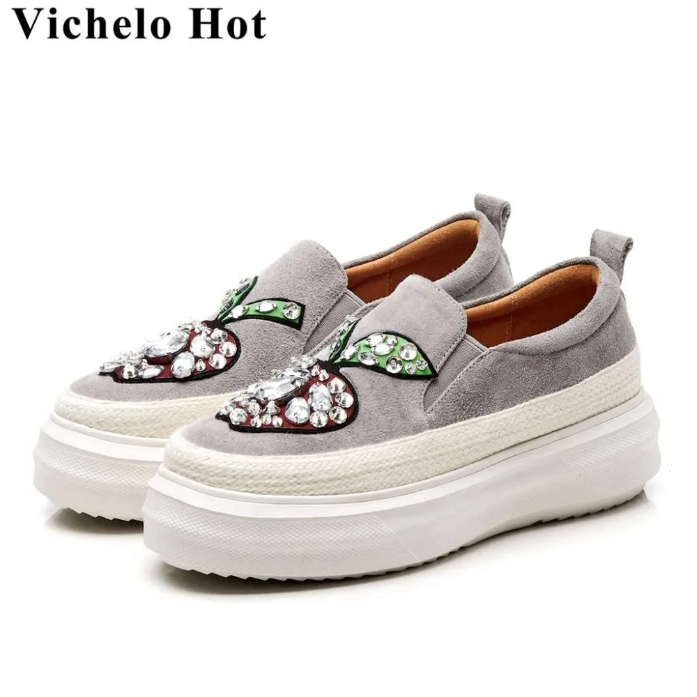 

Vichelo Hot natural leather crystals decoration round toe slip on loafers high bottom platform casual wear vulcanized shoes L72