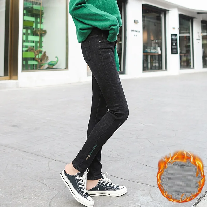 S-XL осенние и зимние теплые джинсы женские с высокой талией для девочек