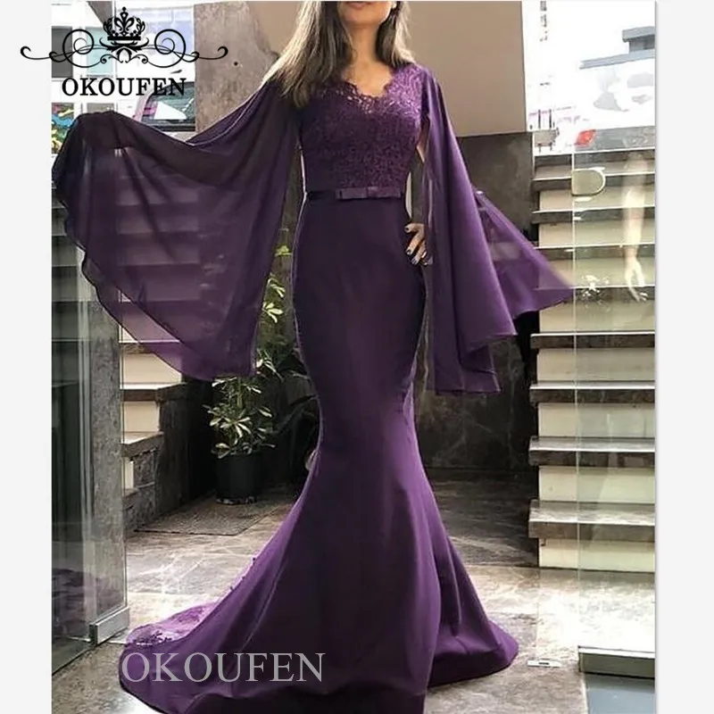 Elegant Mermaid Avondjurk Met Lange Bisschop Mouwen 2019 Paars Kant Top en Chiffon Rok Prom Dresses Party Gown Elegant Mermaid Avondjurk Met Lange Bisschop Mouwen 2019 Paars Kant Top en Chiffon Rok Prom Dresses Party Gown