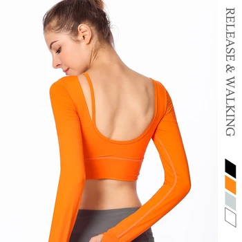 

R&W Yoga Workout Shirts for Women Gym Crop Top Fitness Shirts U Neck Long Sleeve Bars T-shirts Brassiere Women Sports Bar Shirts