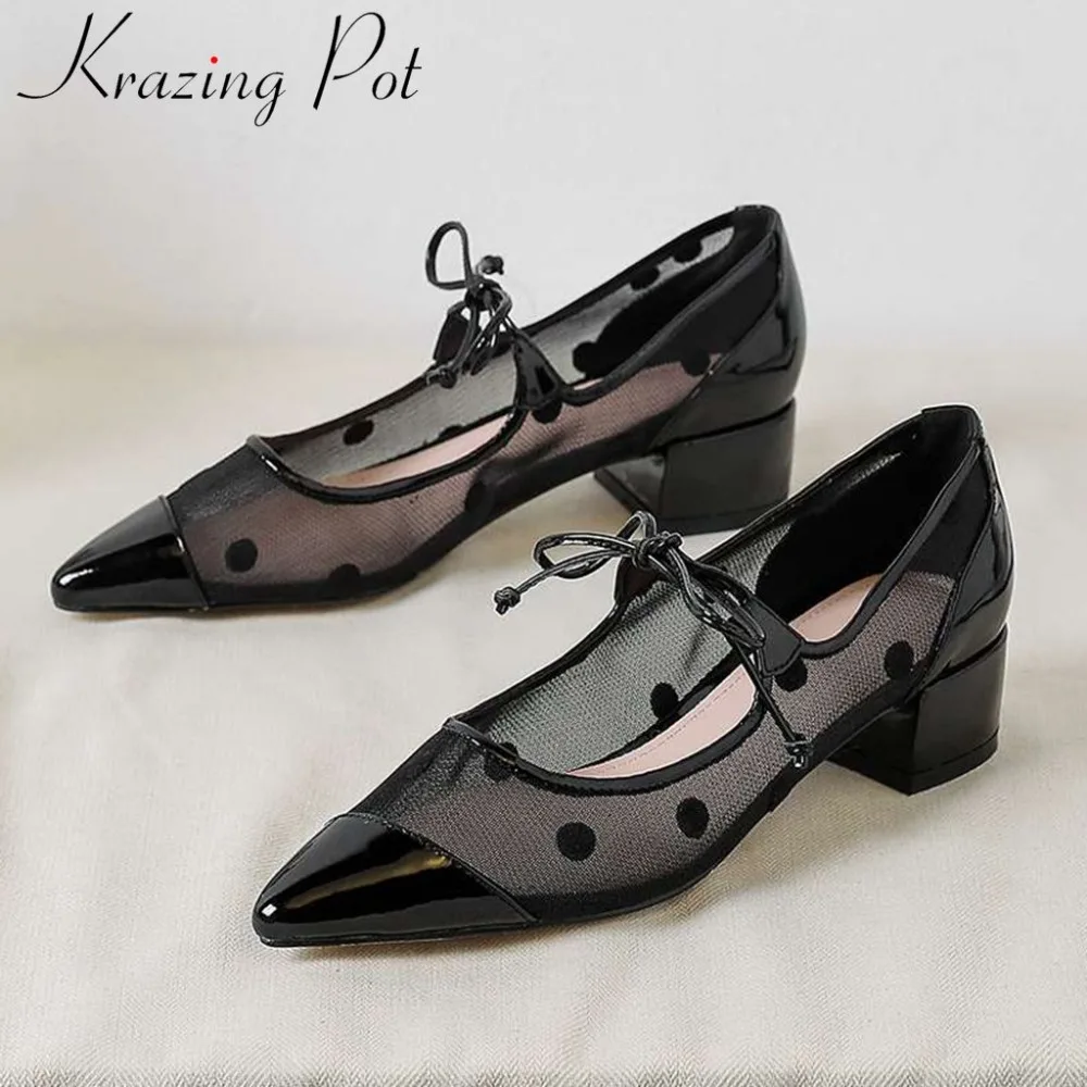 

Krazing Pot concise princess style oxford pointed toe chunky med heels lace up bowtie mesh sun protection elegant lady shoes L08