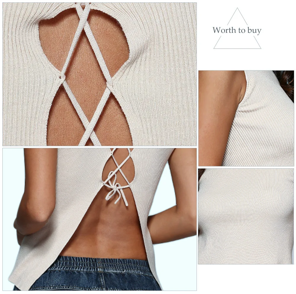 Sexy Round Neck Back Cross Rib Knitted Women Blouse