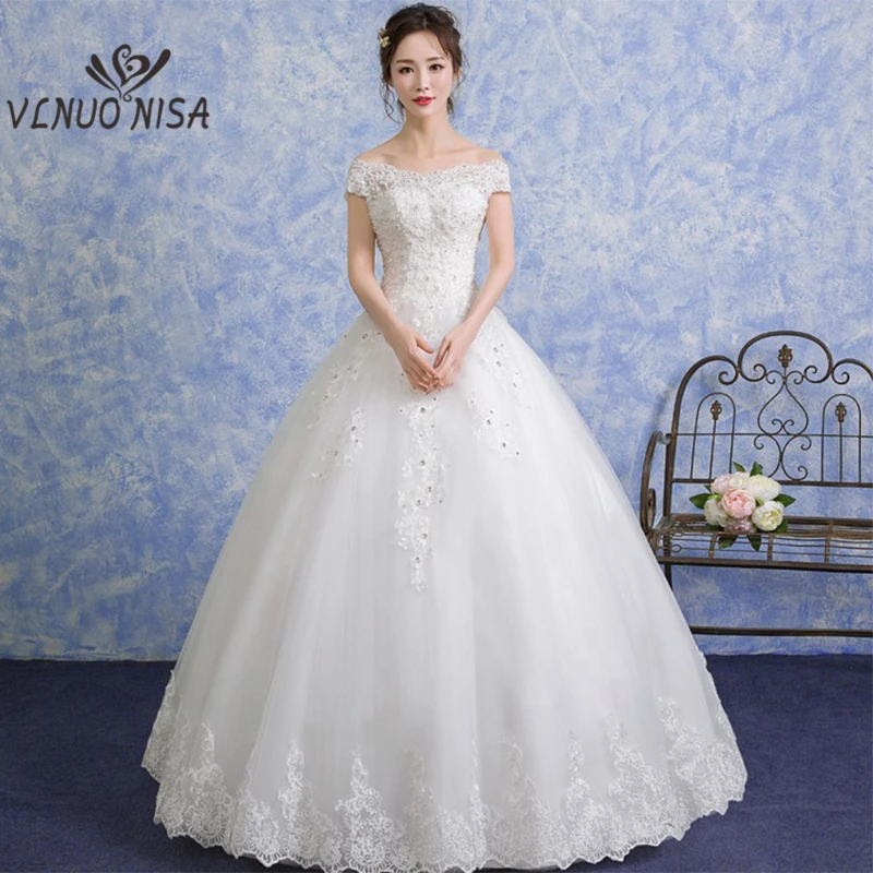 

Plus Sizes Wedding gowns korean Style Boat Neck Lace Wedding Dress 2018 New Arrival Crystal Off The Shoulder Vestido De Noiva