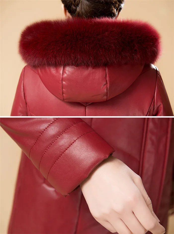 Зимние кожаные пальто с хлопковой подкладкой, новинка, для женщин среднего возраста, с капюшоном, тонкая кожаная куртка, теплая, средней длины, верхняя одежда, плюс размер, 8XL