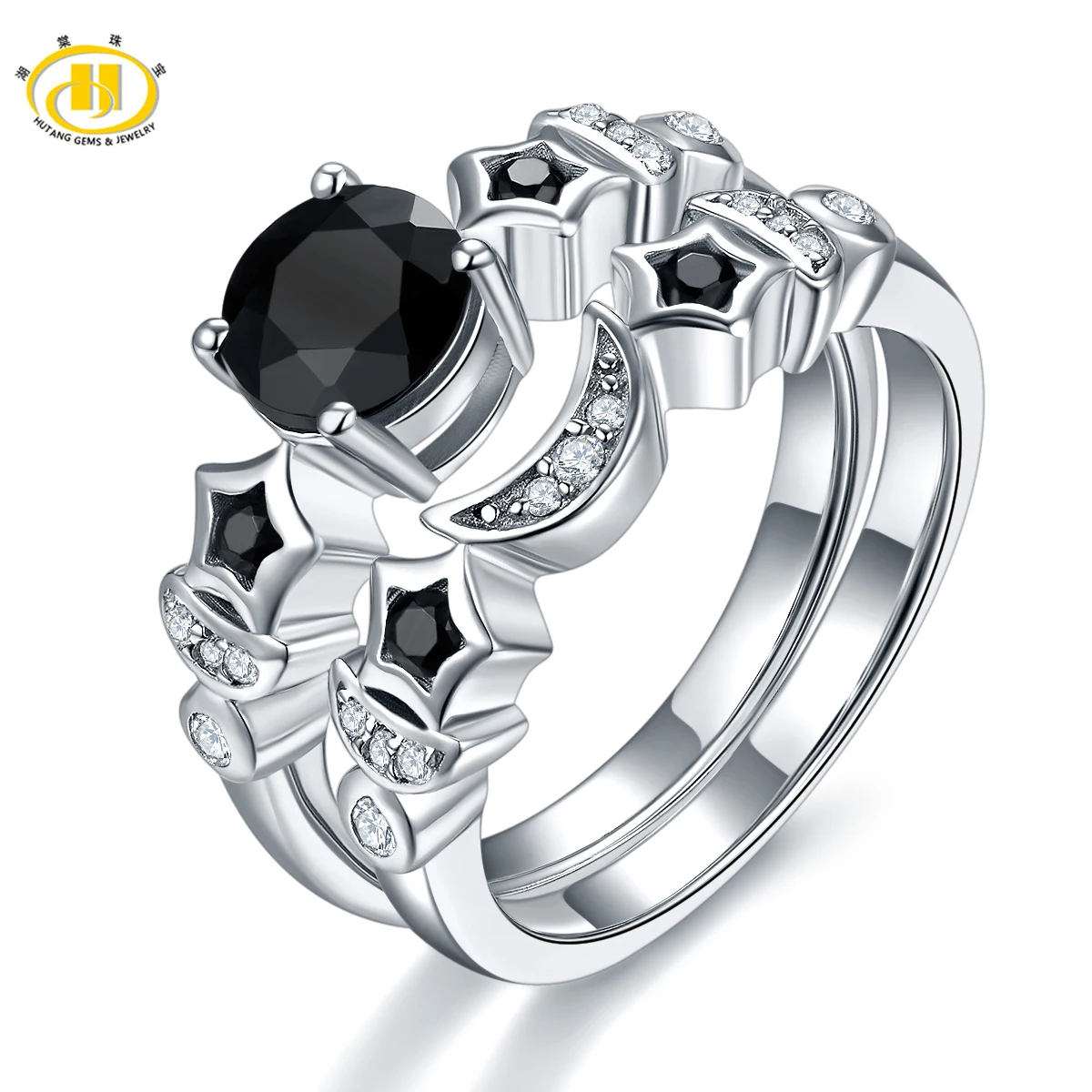 

Hutang Double Ring Natural Black Spinel Solid 925 Sterling Silver Ring Sets for Women Wedding Best Gift 2017 New Arrival