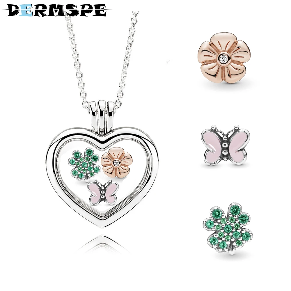 

DERMSPE Real Silver 925 Petite Charm of Four leaf Clover and Ladybug Fiy Original Women Necklace Decorative Box Charm Jewelry