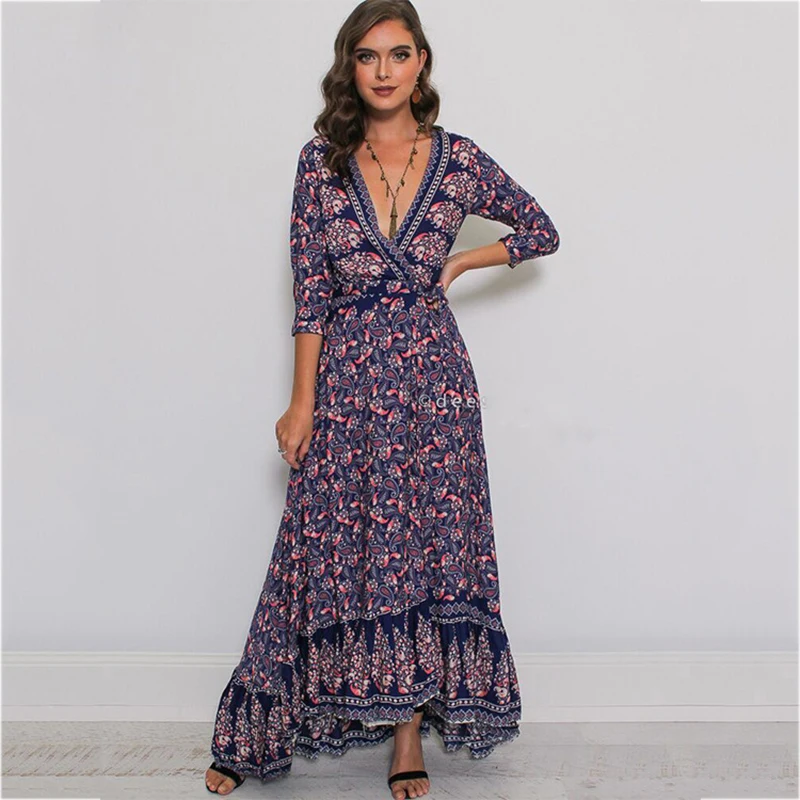 Bohemian Style Floral Print Dress V Neck 34 Sleeve Long Maxi Dresses