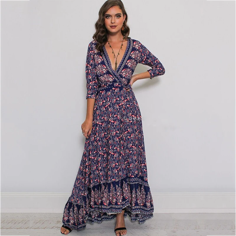 Bohemian Style Floral Print Dress V Neck 3/4 Sleeve Long Maxi Dresses