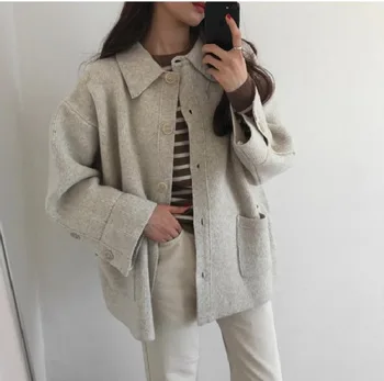 

New Women Turn-Down Neck Solid Overcoats Single Breasted Pockets Knitted Cardiagan Autumn Long Sleeve Loose Sweater