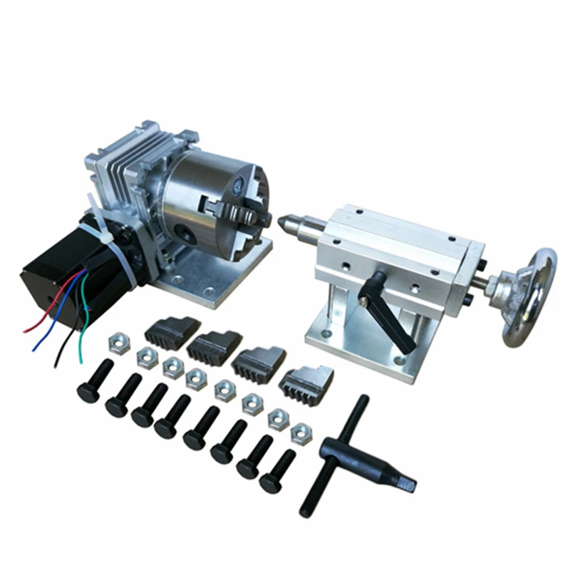 

80 100 130 mm 4 Jaw CNC Rotary Axis With Tailstock With 57 86 Step Motor for CNC Router 3040 6040 6090 A Axis