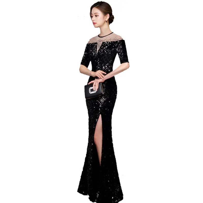 Черные китайские пикантные блестки с высоким разрезом восточные вечерние Женское платье-Ципао сценическое шоу Qipao элегантные праздничные