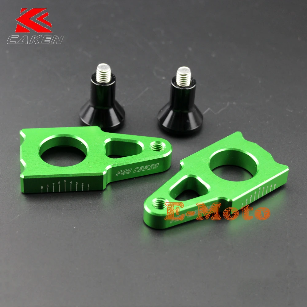 Green CNC Rear Chain Adjuster Axle Blocks With Spool Slider For KX125 KX250 KX250F KX450F KLX450R Enduro E-Moto
