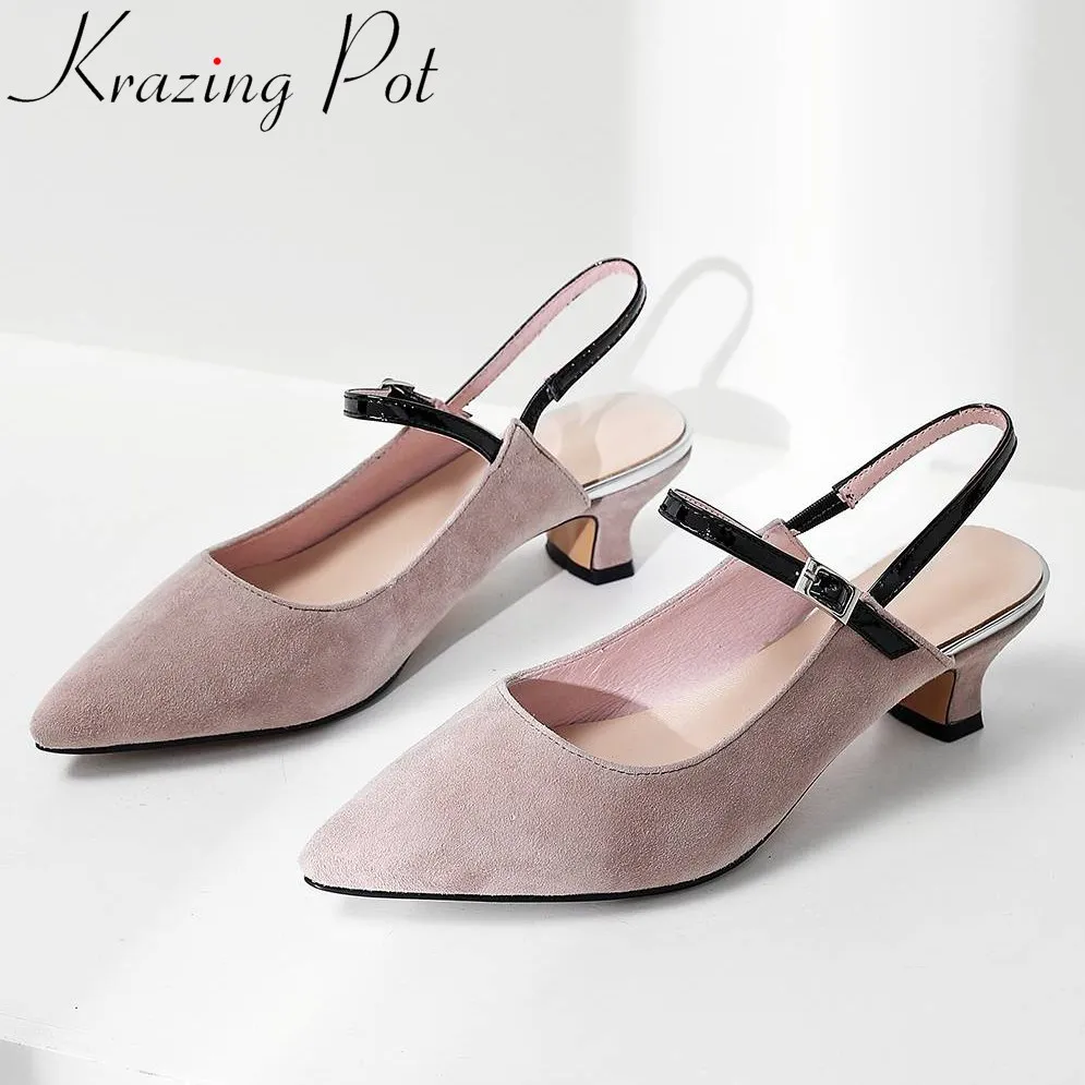 

Krazing Pot elegant lady genuine leather med heels buckle strap plus size fashion runway pointed toe slingback women pumps L77