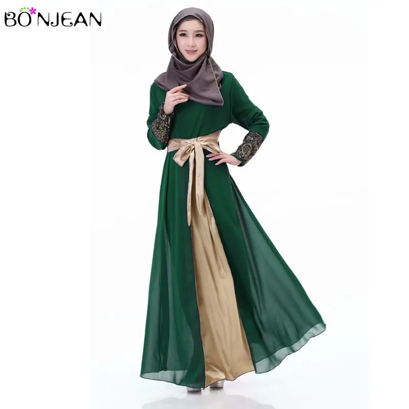 

2019 New Muslim Dress National Costume Stitching Dress Ramadan Dress Spring Summer New CHIFFE Islam Embroidered Ethnic Clothing