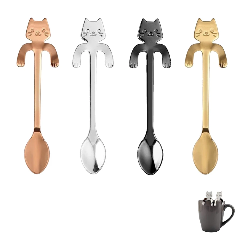 

4 Color Cute Cat Coffee Spoon Stainless Steel Coffee Tea Spoons Dessert Ice Cream Spoon Teaspoon Drink Spoons Coffeeware KC1058