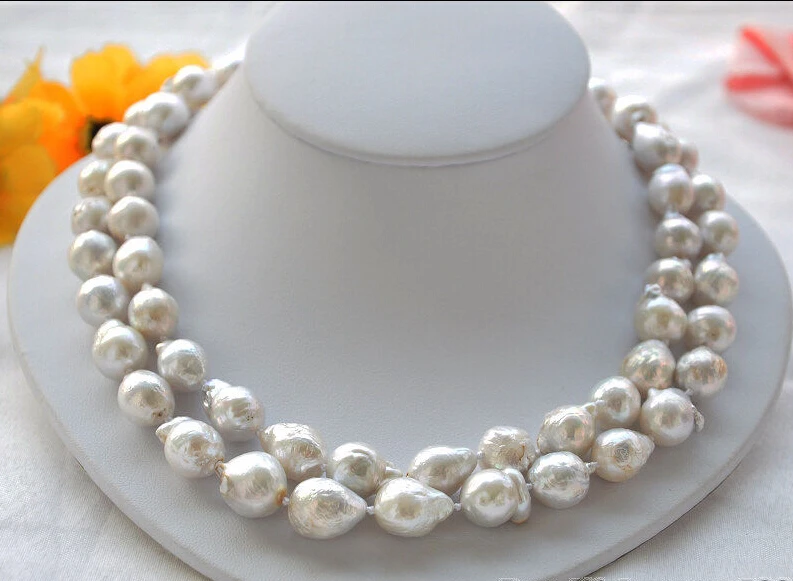 

2strands 13mm white almost round Edison PEARL NECKLACE MABE (A0511)
