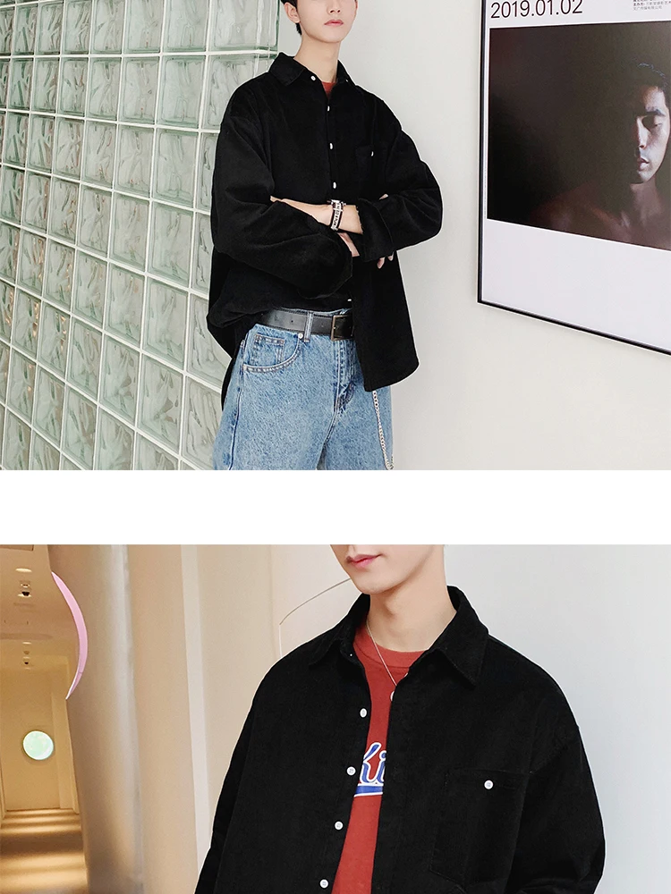 2019 корейский стиль Для Мужчин's Новая одежда BF ветер вельвет рубашки версия хорошего одежда с длинным рукавом черный/хаки/розы Цвет пальто